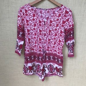 Red Elephant Patterned Long-Sleeve Romper
